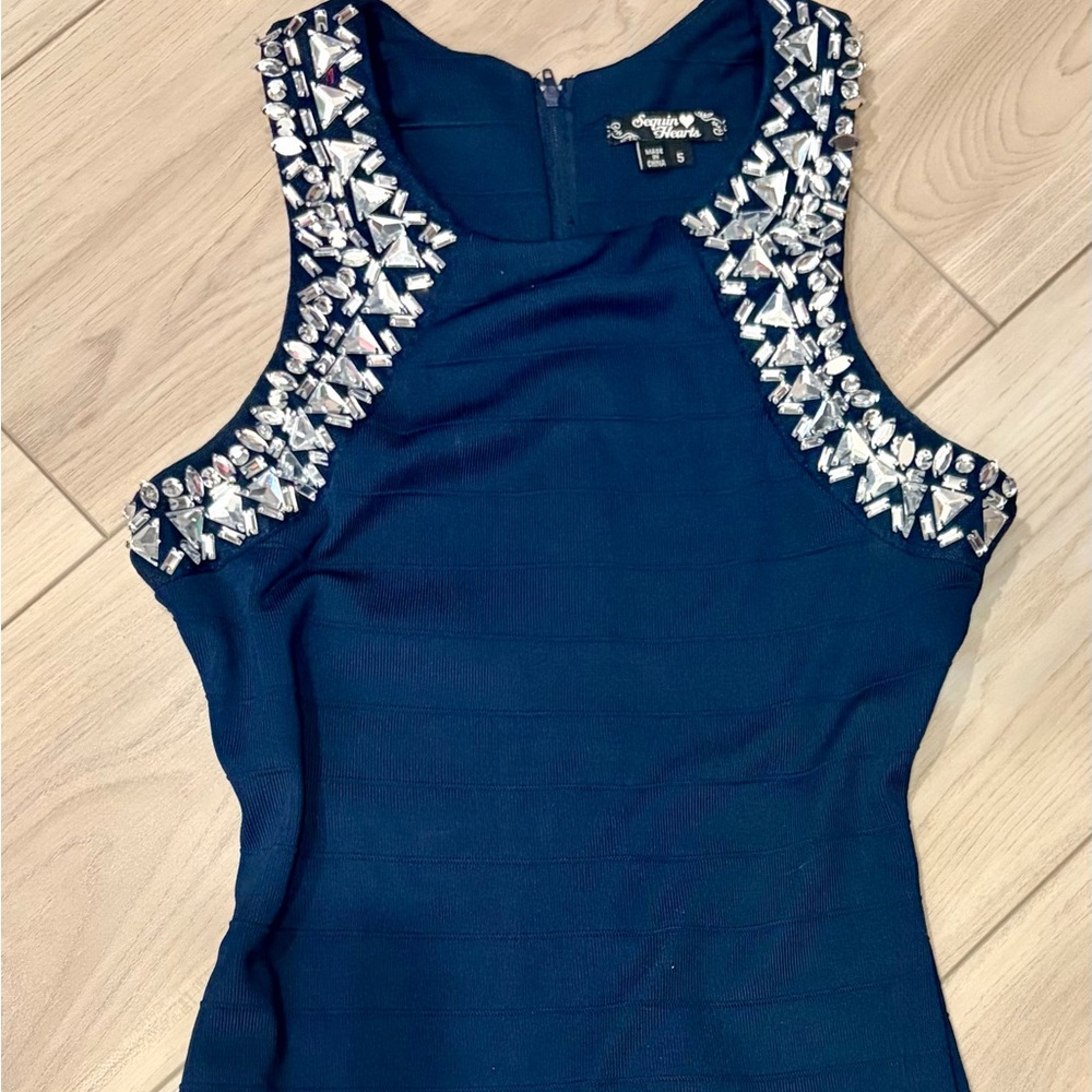 Navy Blue Embellished Shoulder Bodycon Dress